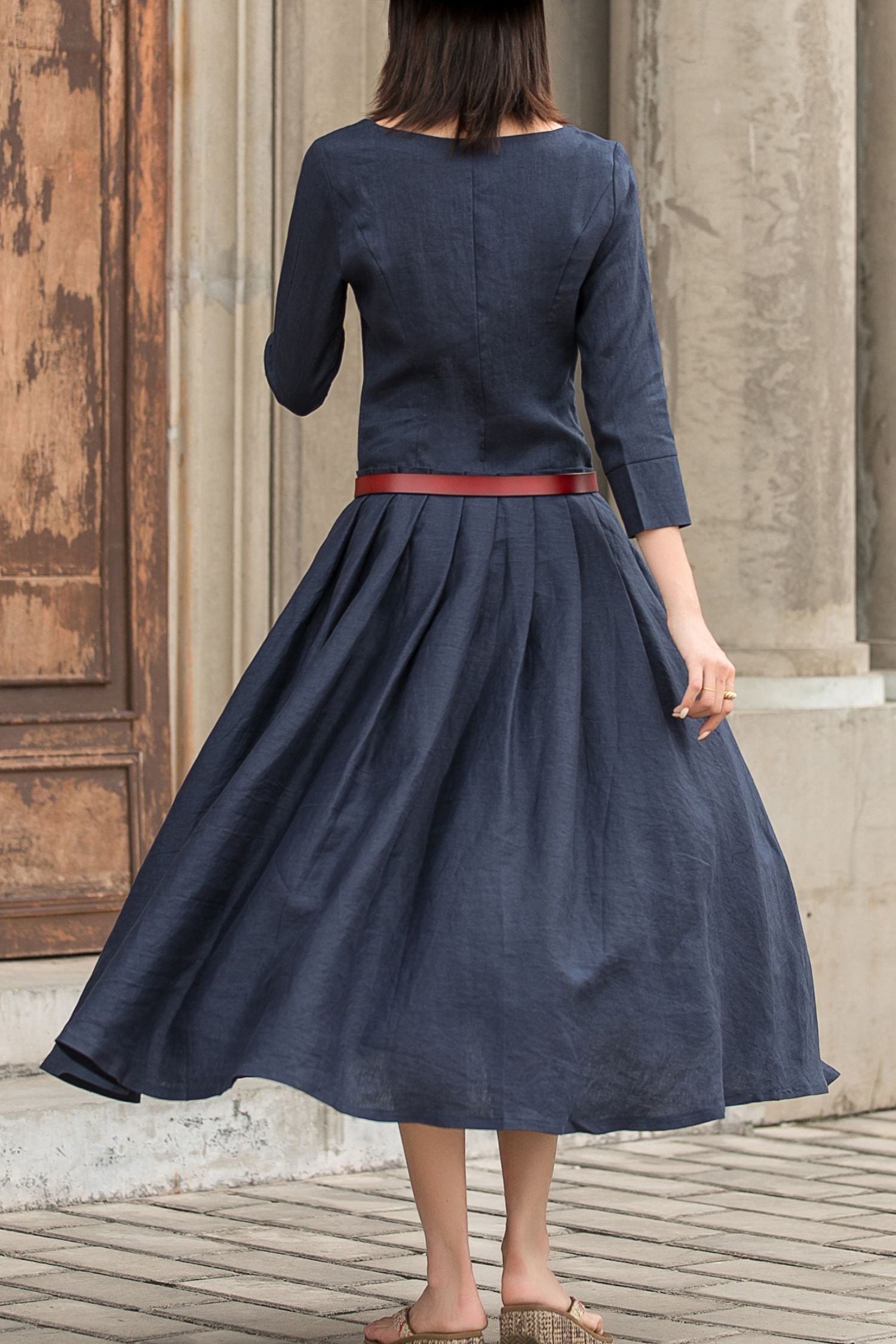 Navy 100% Linen Drop Waist Maxi Dress | Xiaolizi 2742 Navy 100% Linen Drop Waist Maxi Dress | Xiaolizi 2742