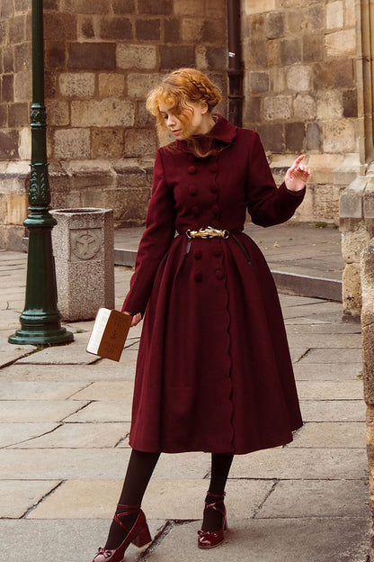 Handmade Burgundy Wool Coat – Vintage Winter Princess Dress Coat 4743