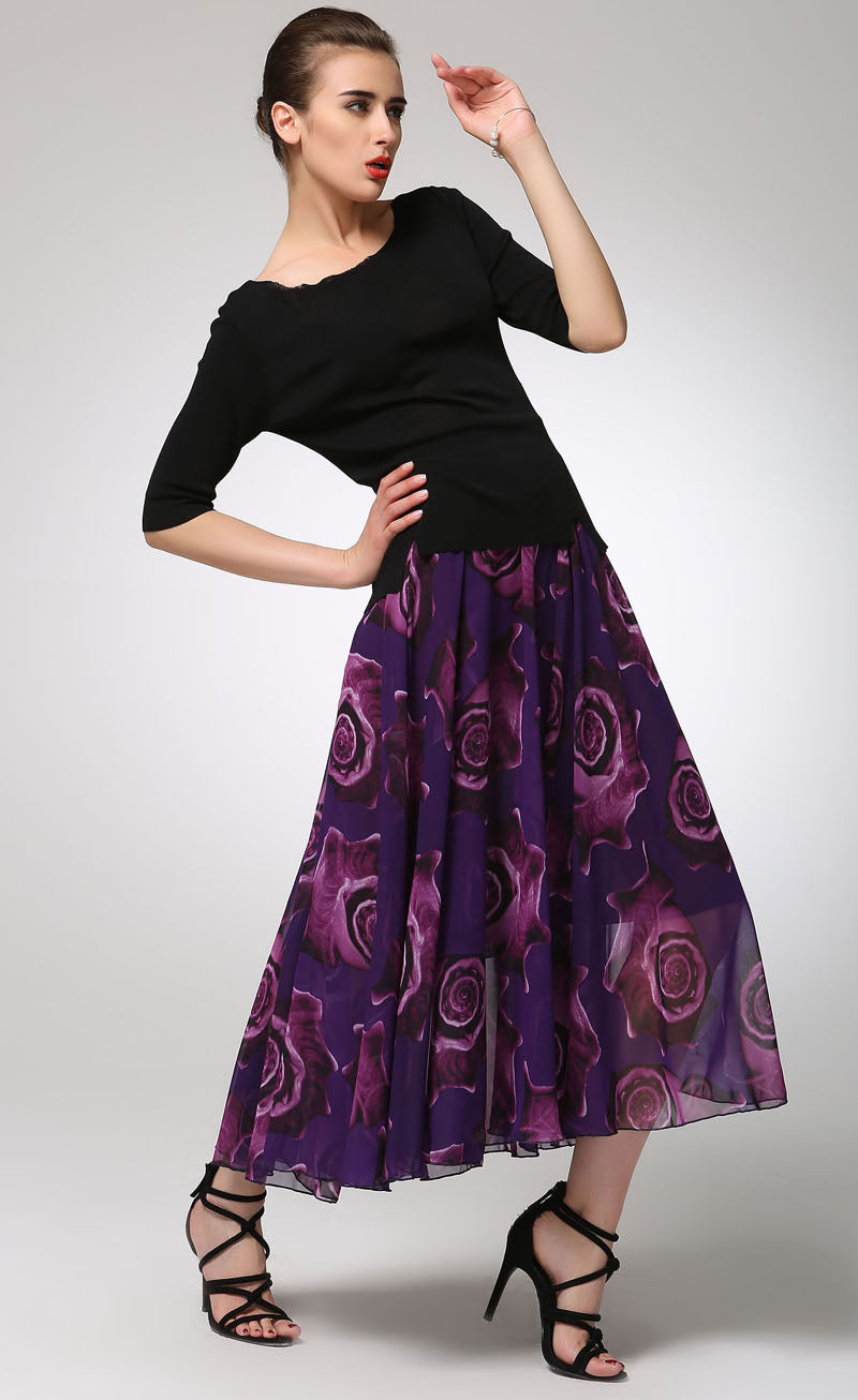 Vintage-Inspired Purple Print Chiffon Skirt with Elastic Waist 1297