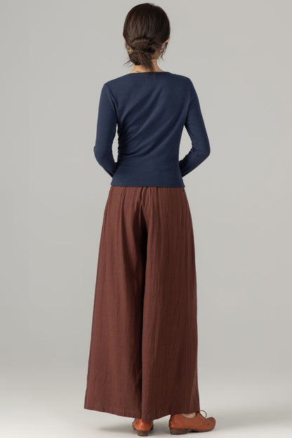 Brown Linen Cotton Wide Leg Pants - Fabric Belted Waist 5700