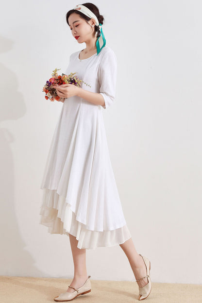 White Linen Summer High-Low Dress with Flowy Hem 2517