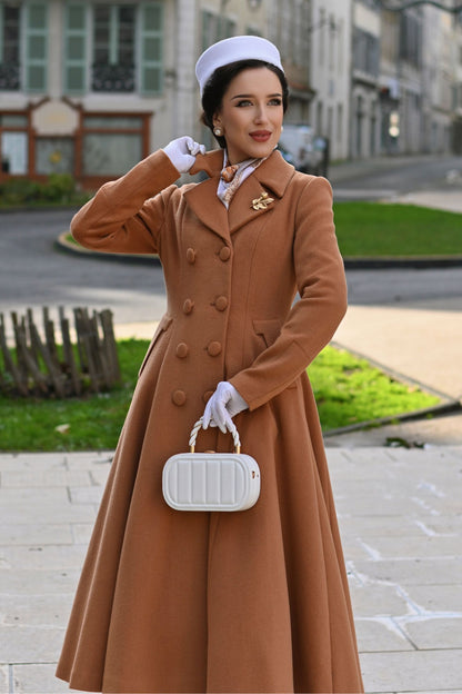 Camel Wool Maxi Coat – Vintage Double Breasted A-Line Winter Overcoat 6682