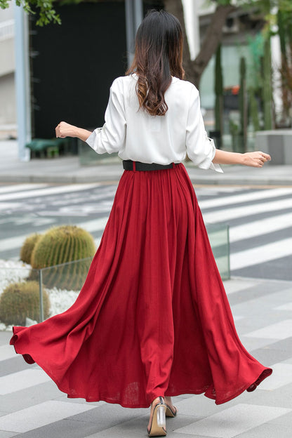 High Waisted A Line Swing Red Maxi Skirt 3537