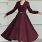 Burgundy Wool Wrap Midi Dress — Elegant Tie‑Waist A‑Line for Office 6512