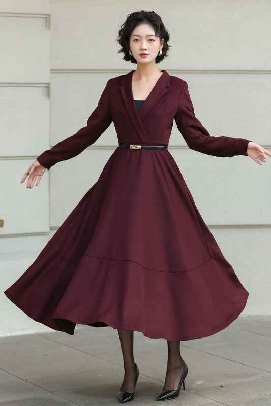 Burgundy Wool Wrap Midi Dress — Elegant Tie‑Waist A‑Line for Office 6512