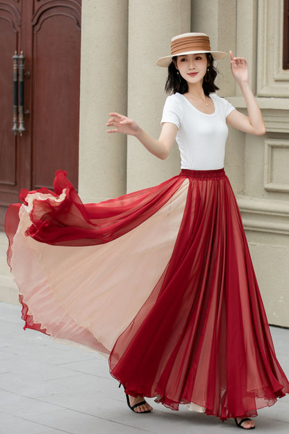 Rust Red Chiffon Maxi Skirt - Swing Elastic Waist | Xiaolizi 5151