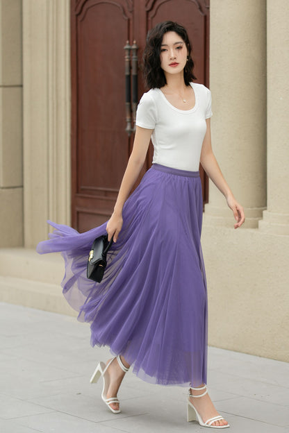 Purple Tulle Midi Skirt - Elastic Waist Boho Circle Swing | Xiaolizi 5111
