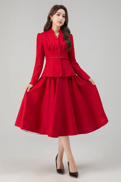 Linen Two-Piece Set - Vintage Blazer & Circle Midi Skirt | Xiaolizi 5759