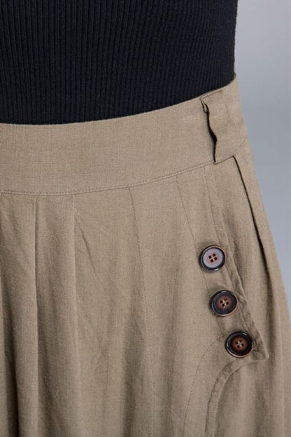 Khaki long maxi skirt with pleated and button detail 1671