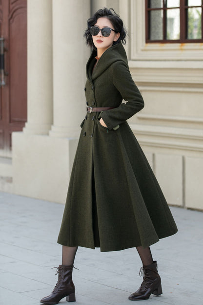 British Vintage Military Style Hooded Wool Coat for Women – Army Green Winter Overcoat 5461