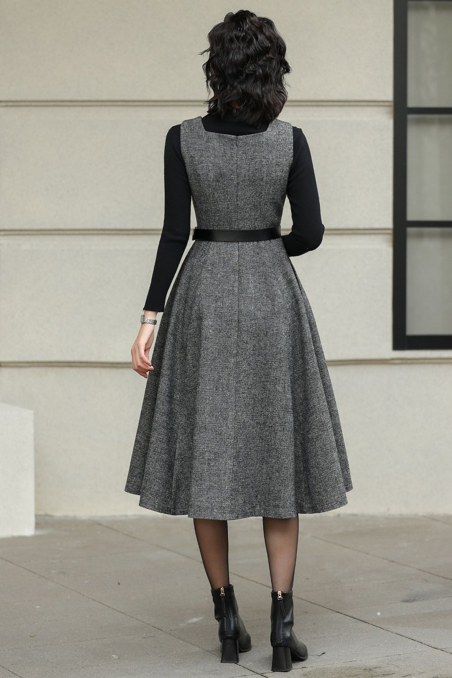 Handmade Wool Pinafore Dress – Gray Sleeveless Midi for Autumn Winter 6418