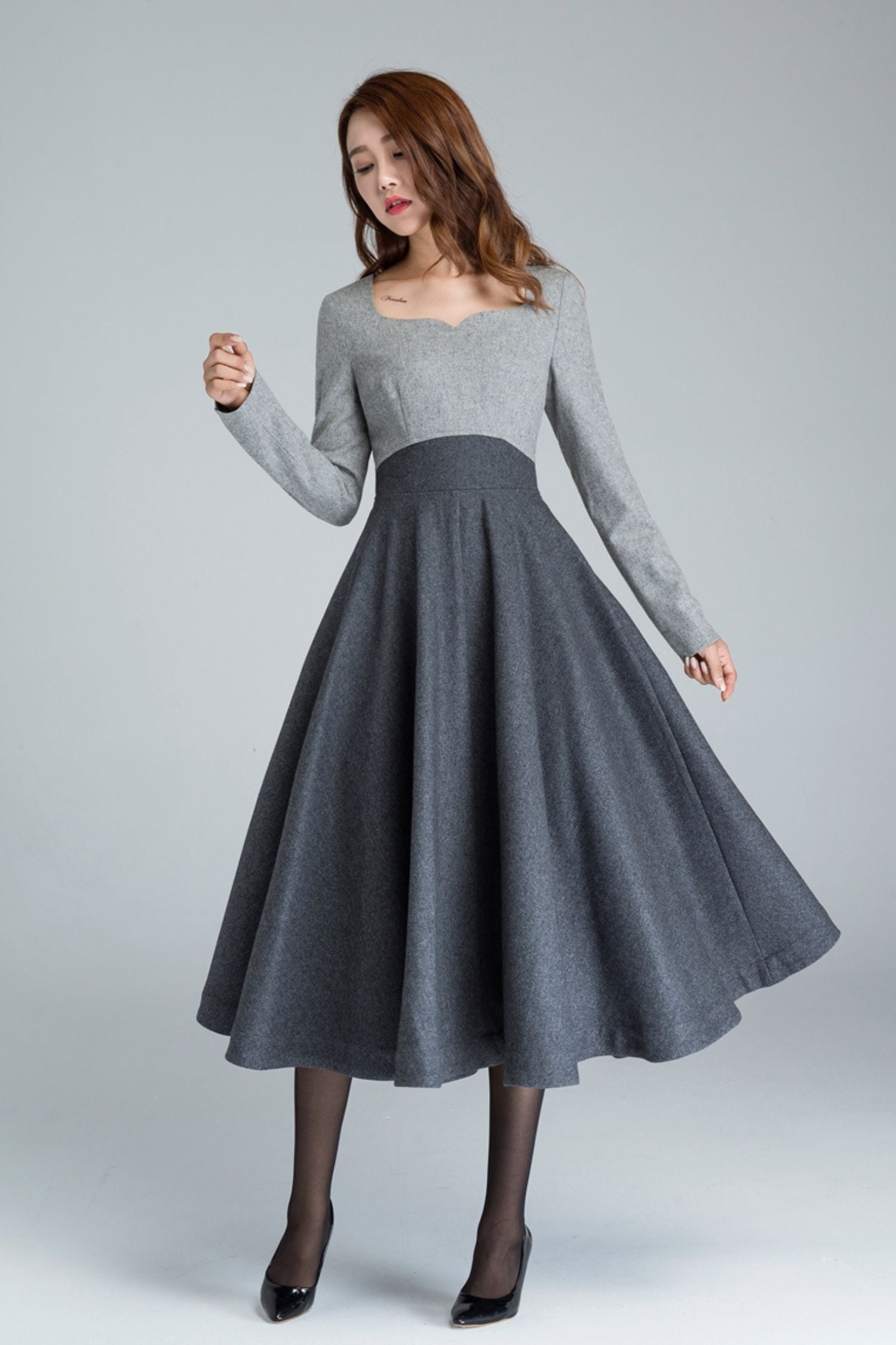 Gray Wool Midi Dress – High-Waisted A-Line Square Neck