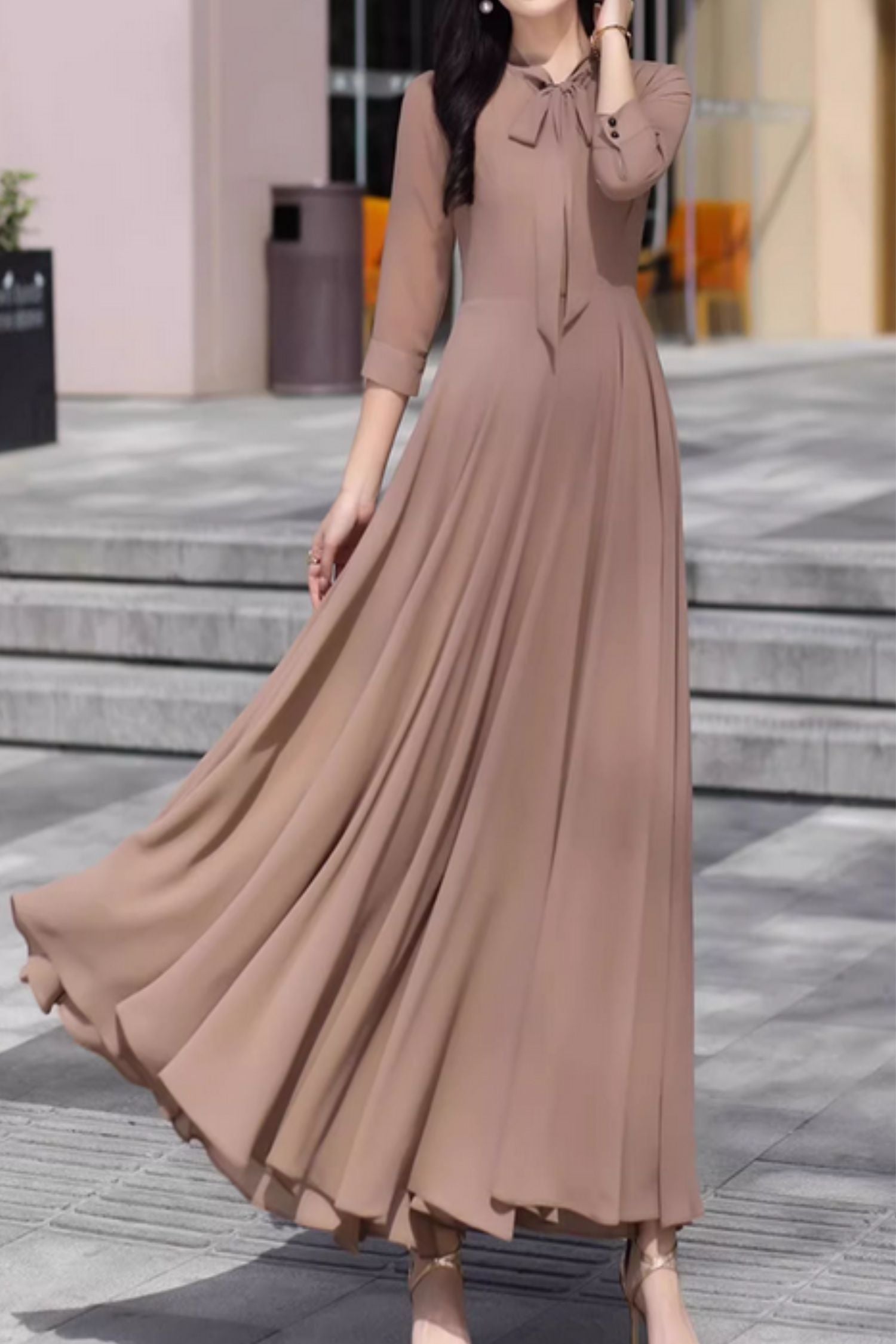 Brown elegant long summer chiffon dress 5075 Xiaolizi Brown elegant long summer chiffon dress 5075 Xiaolizi