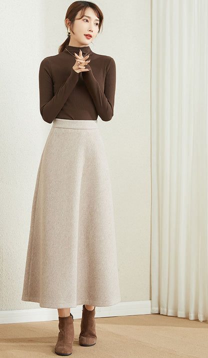 Brown Wool A-Line Midi Skirt - High Waist Winter Essential 3861