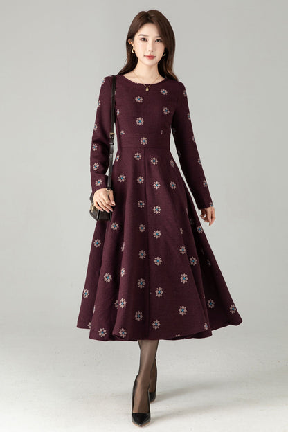 Burgundy Embroidered Wool Midi Dress – Fit & Flare Winter Swing Dress | Xiaolizi 6569