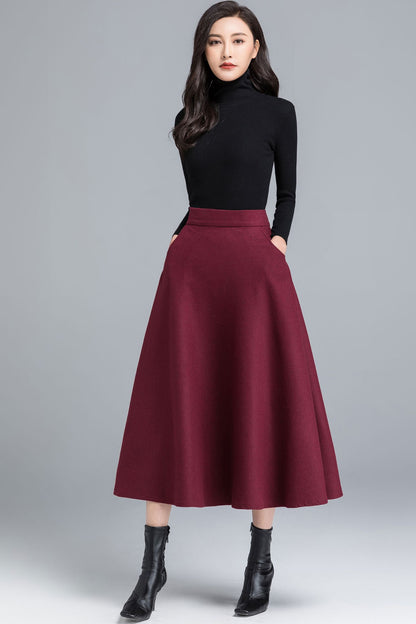 Burgundy Wool Midi Skirt – Vintage A-Line Winter Skirt with Pockets 2490