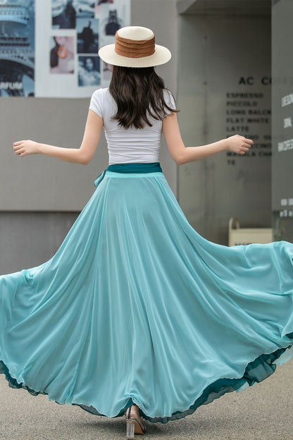 Blue Long Chiffon Maxi Skirt Women 4270
