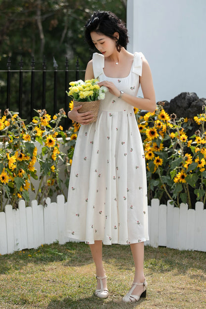Xiaolizi Vintage Linen Midi Dress – Handmade Square Neck A-Line Summer Dress with Pockets 6685 -size XS #CK2600157