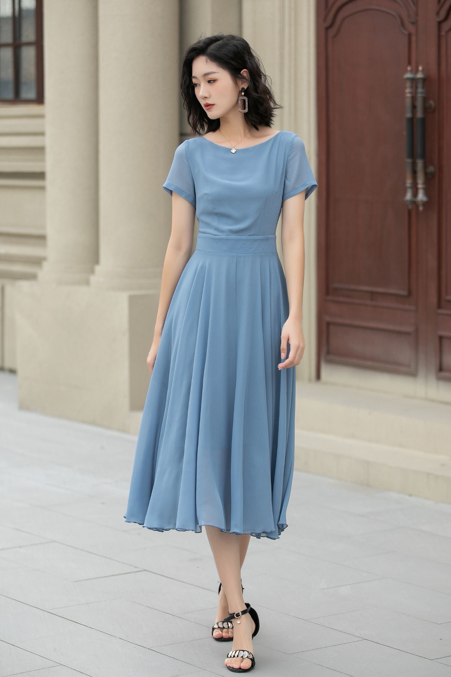 Handmade Blue Chiffon Midi Dress – Vintage Fit and Flare Summer Dress