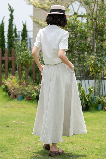 Beige Swing Linen Midi Wrap Skirt 5201