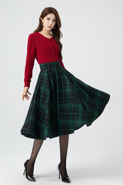 Handmade Wool Plaid Circle Skirt – Vintage High Waist Winter Midi Skirt | Xiaolizi 5319