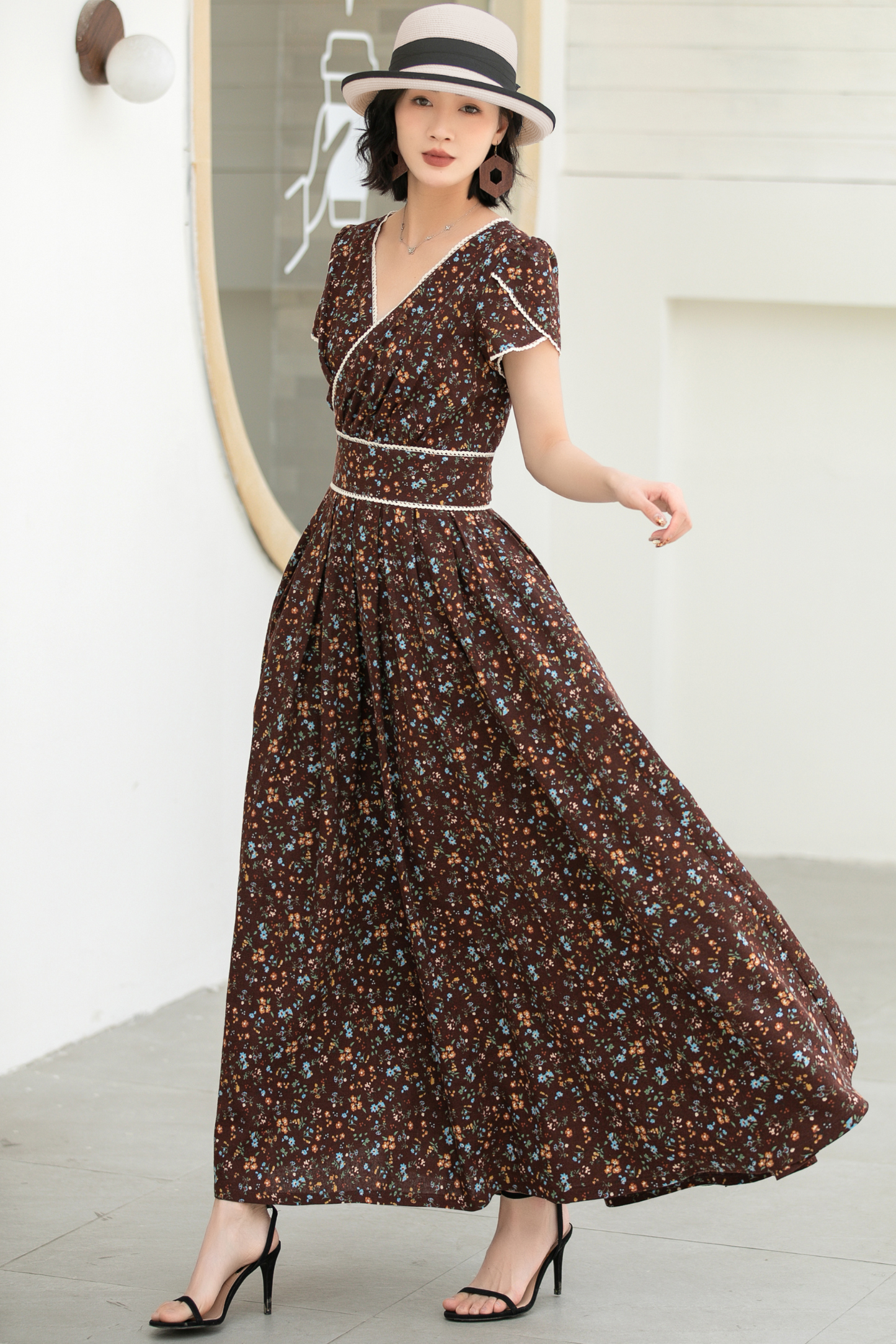 Vintage Floral Linen Cotton Maxi Dress – Women’s Puff Sleeve Wedding & Prom Dress 5833
