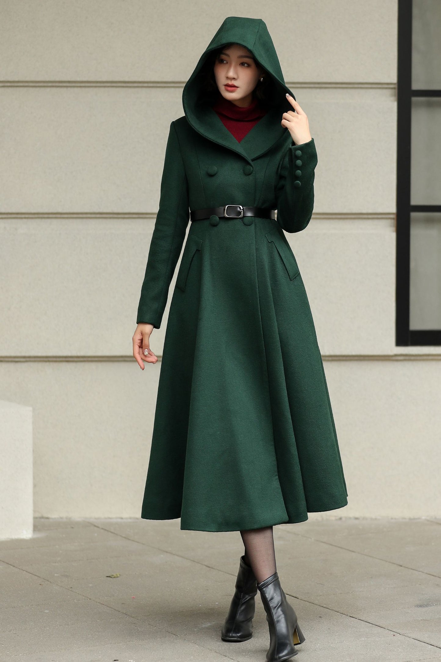 Green Hooded Wool Coat – Handmade Long Fit and Flare Double-Breasted Winter Overcoat for Women 6537