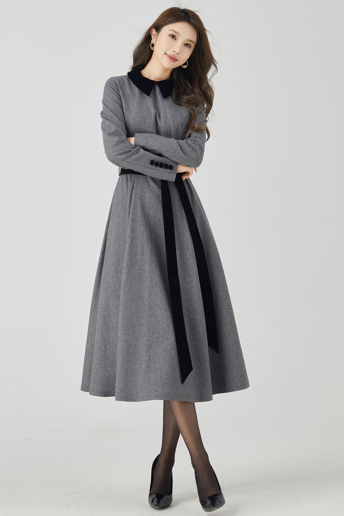 Gray Swing Fit and Flare Wool Dress 4524