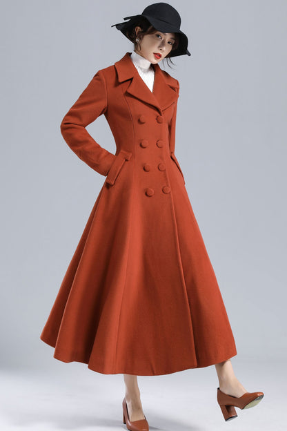 Rust Brown Wool Coat – Vintage Double-Breasted Fit and Flare Overcoat 3233