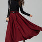 Burgundy Wool Midi Skirt – Vintage Button Front High Waisted Winter Skirt with Pockets 6395