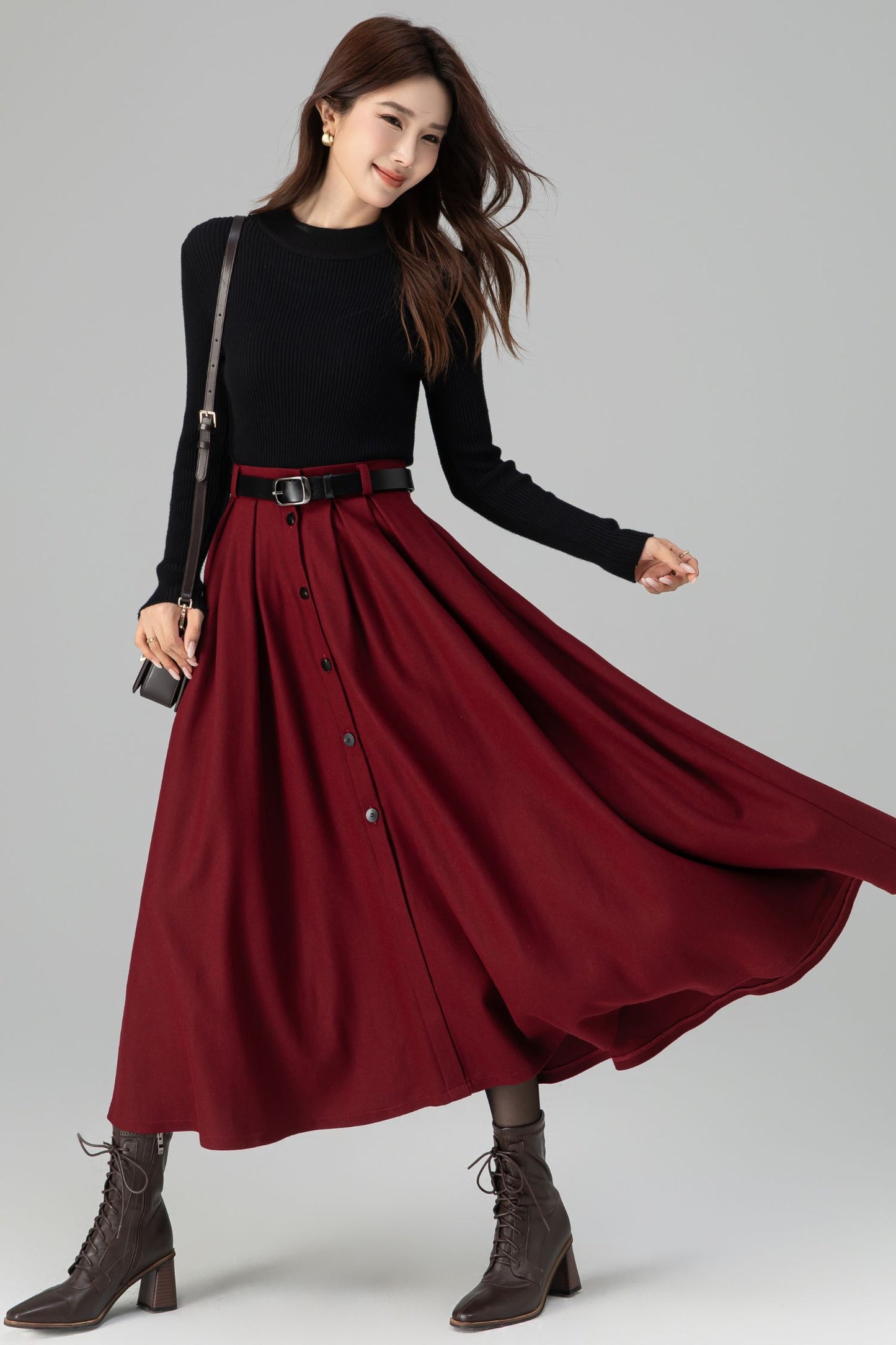 Burgundy Wool Midi Skirt – Vintage Button Front High Waisted Winter Skirt with Pockets 6395