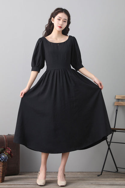 Black Cotton Linen Midi Dress - Vintage Inspired A-Line Swing 2559