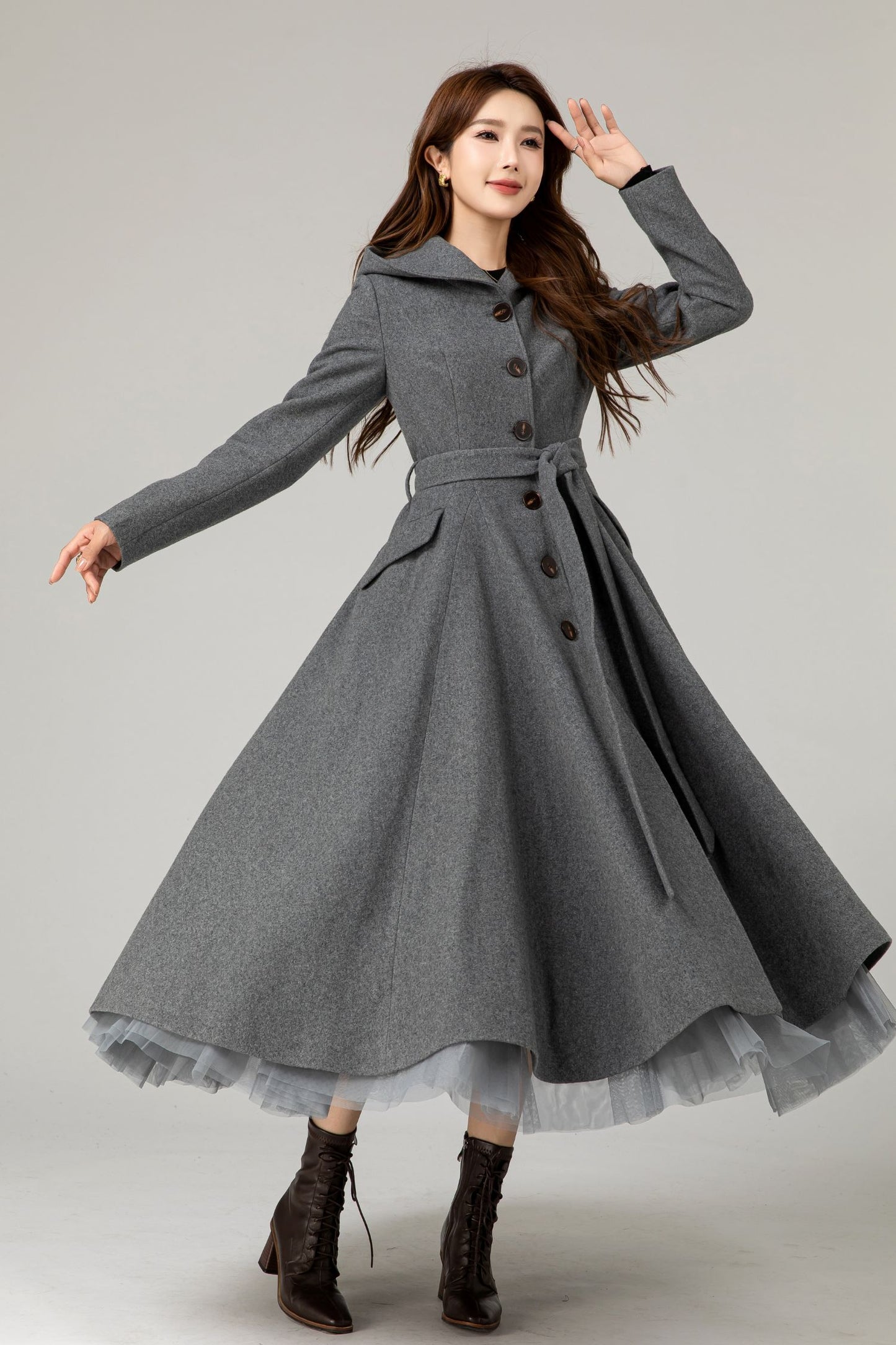 Hooded tie blet gray long winter wool coat 5481