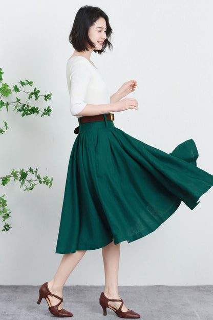 Emerald Green Linen Midi Skirt - Pleated High Waist Swing 5737