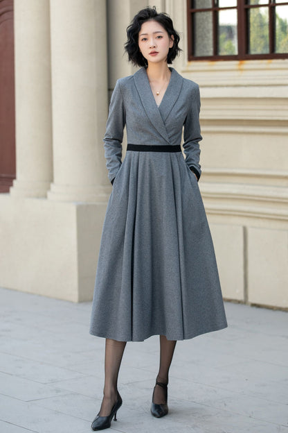 Elegant Gray Wool Dress – Long Sleeve Fit and Flare Midi Dress 5457