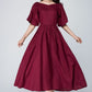 Burgundy midi summer womens linen dress 1573