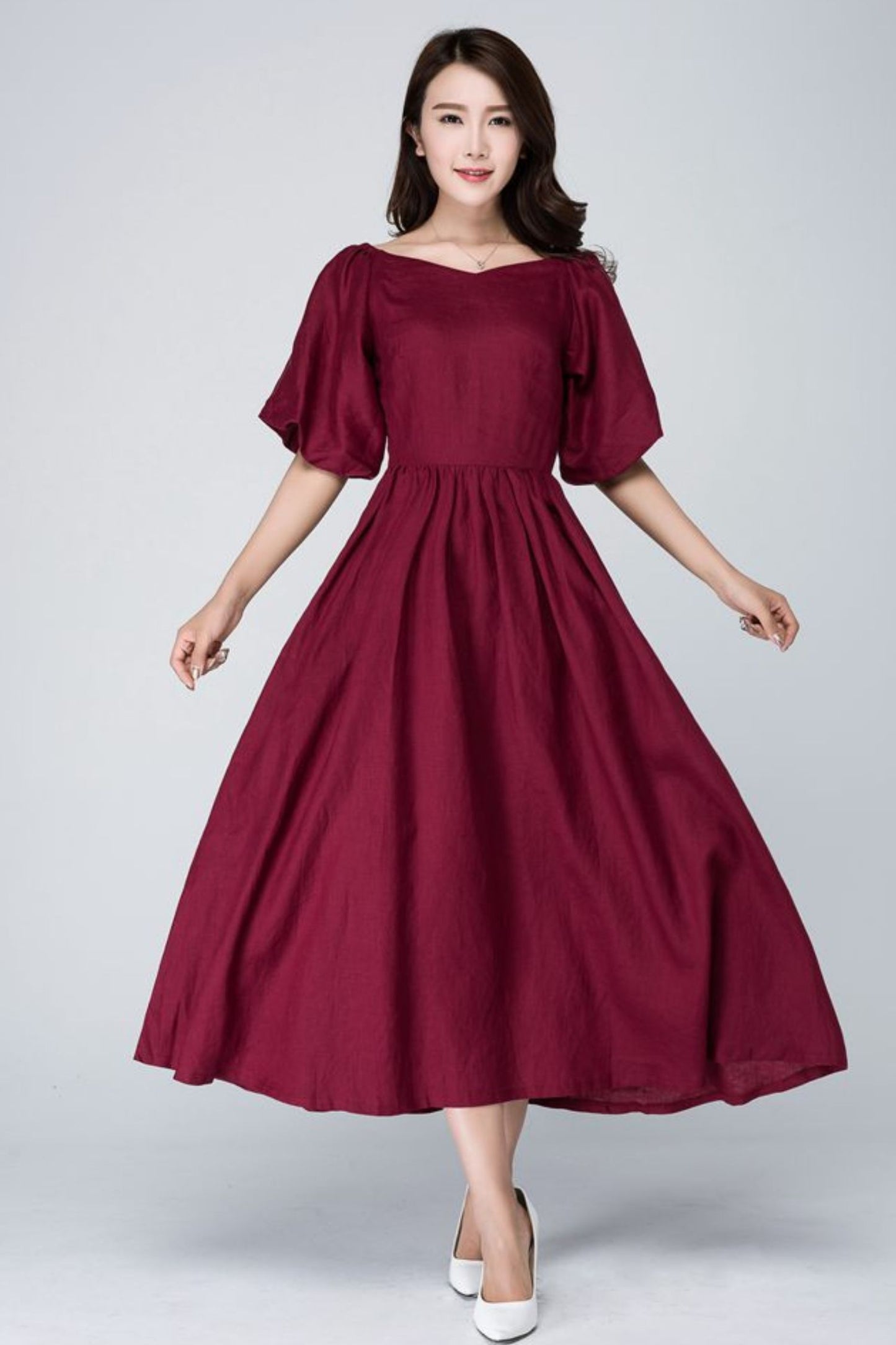 Burgundy midi summer womens linen dress 1573