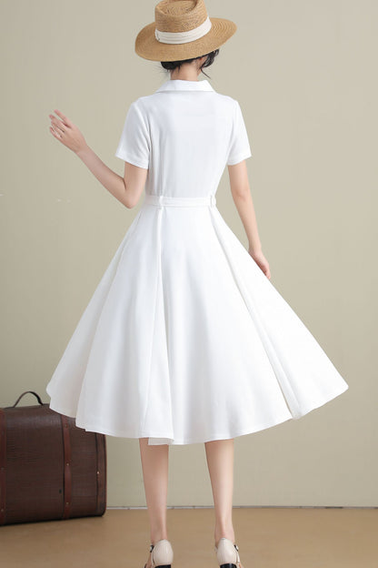 White Linen Cotton Swing Midi Dress - Notched Collar, Belted Waist 3271