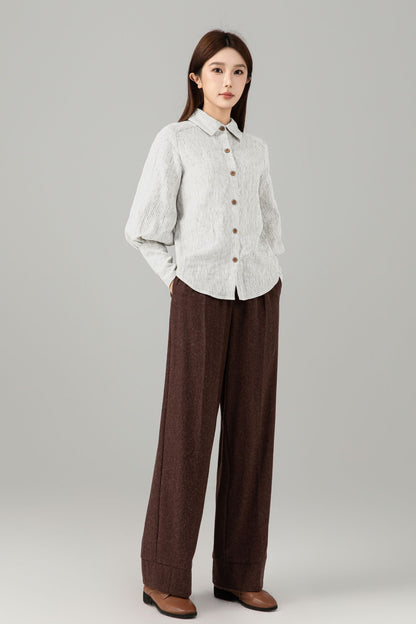 Striped Linen Blouse - Button Down Puff Sleeve | Xiaolizi 6755