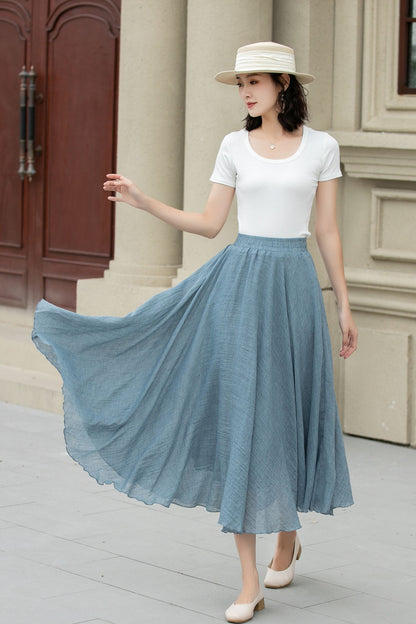 Blue Linen Cotton Midi Skirt - A-Line Swing | Xiaolizi 5150