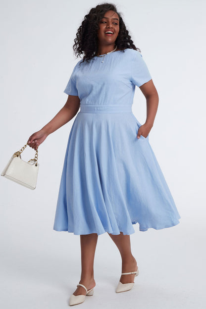 Blue Linen Midi Swing Dress - Boat Neck Pockets | Xiaolizi 3401