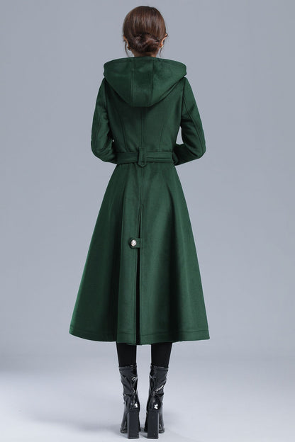 Emerald Green Wool Trench Coat - Hooded, Double Breasted, Mid-Calf Length 3212