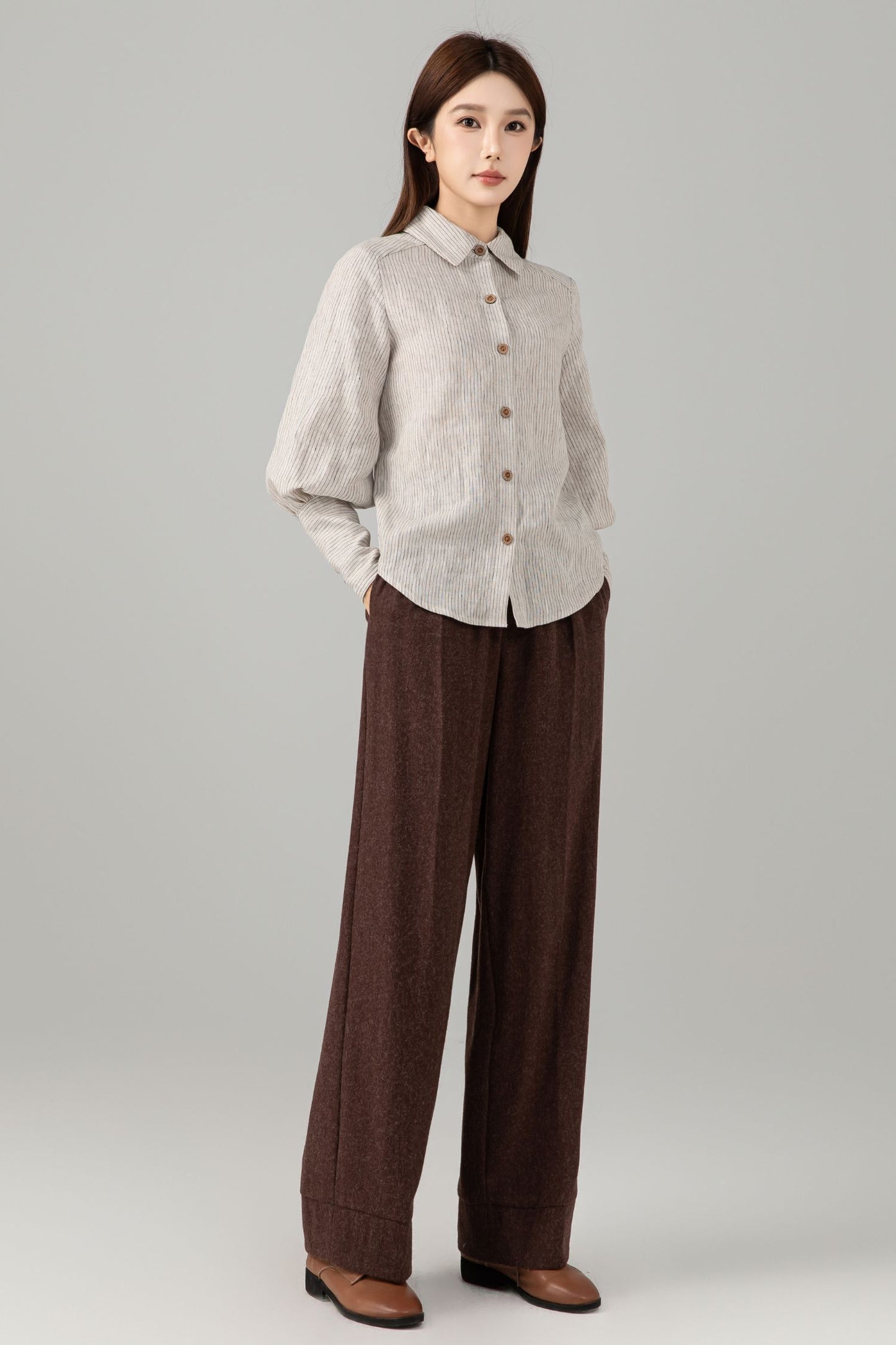 Striped Linen Shirt - Puff Sleeve Button Front | Xiaolizi 6544