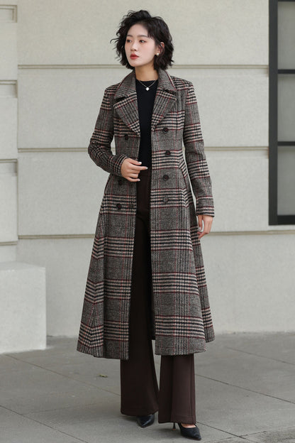 Plaid Wool Coat - Vintage Inspired Fit and Flare Long Double Breasted 6529