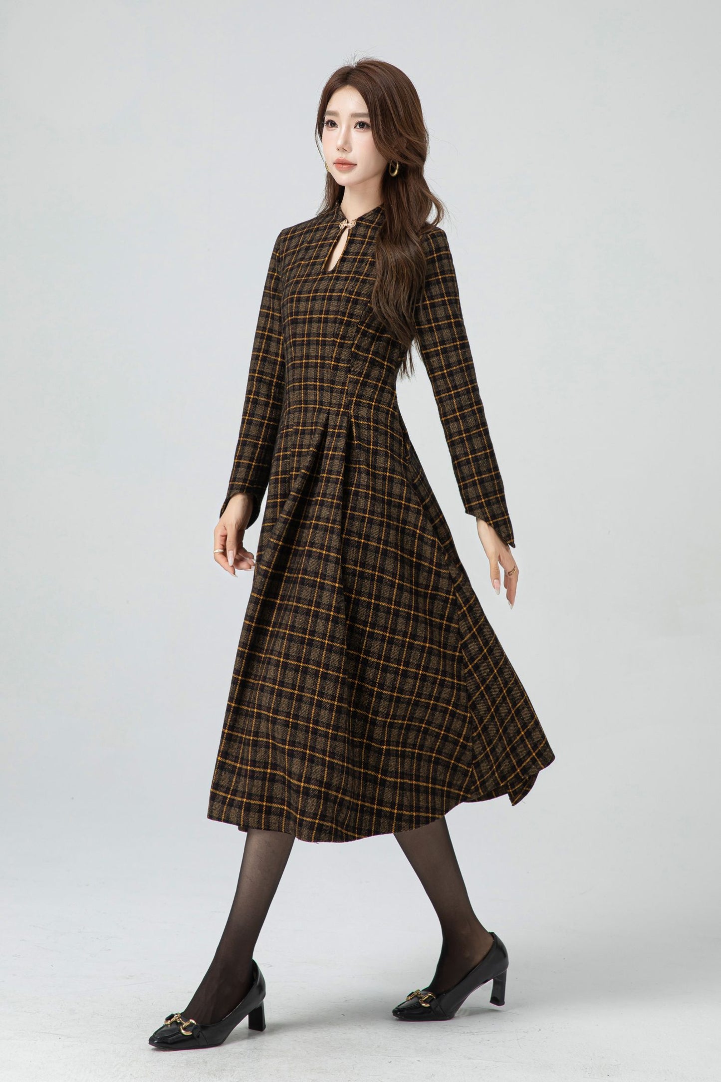 Retro plaid midi wool dress women 5302