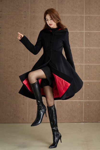 Black hooded winter wool coat  5363