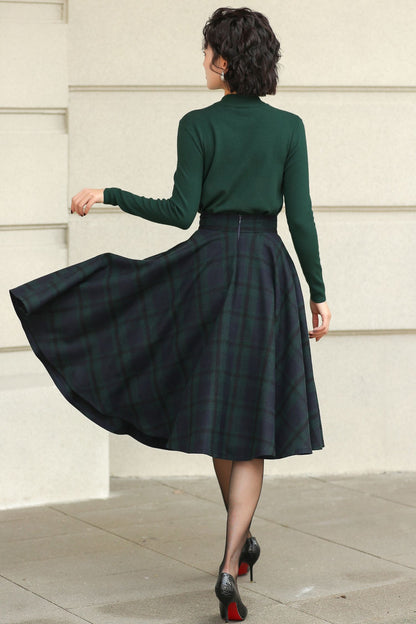 Plaid Wool A-Line Skirt – Knee Length Autumn Winter Skirt 6511