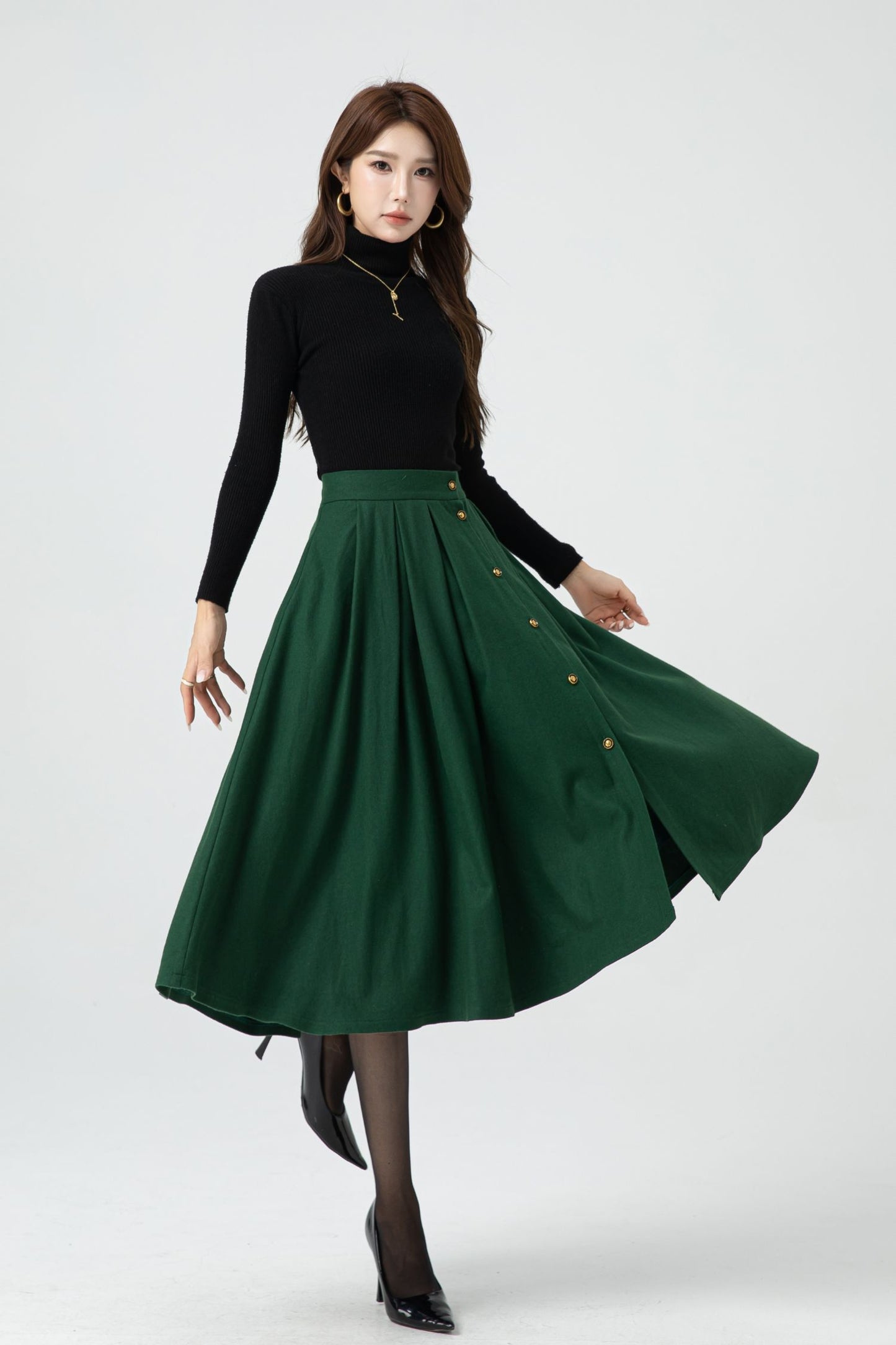 Button front green midi wool skirt 5322