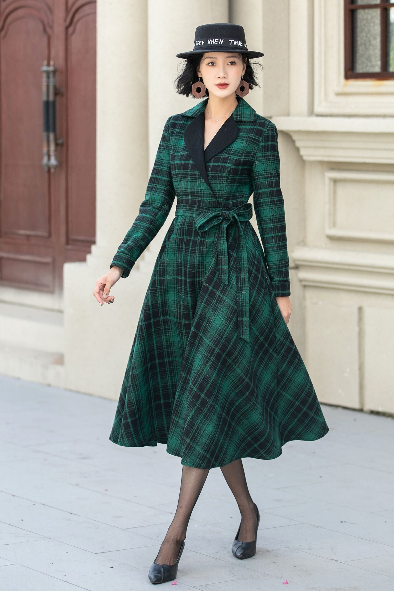 Green Plaid Wool Swing Dress – Vintage Belted Midi Dress 5343 Green / XL