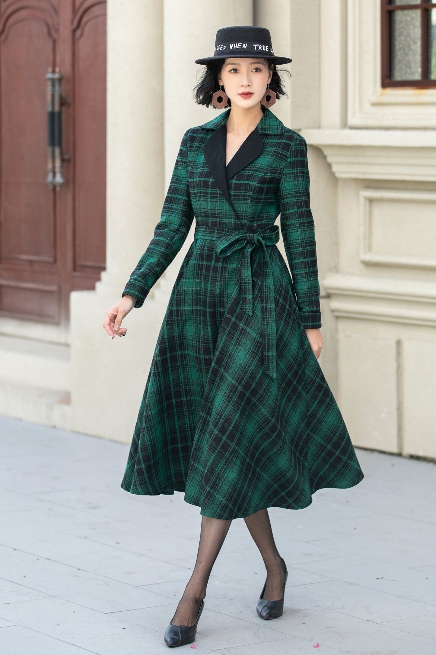 Plaid swing midi wool dress women 5343